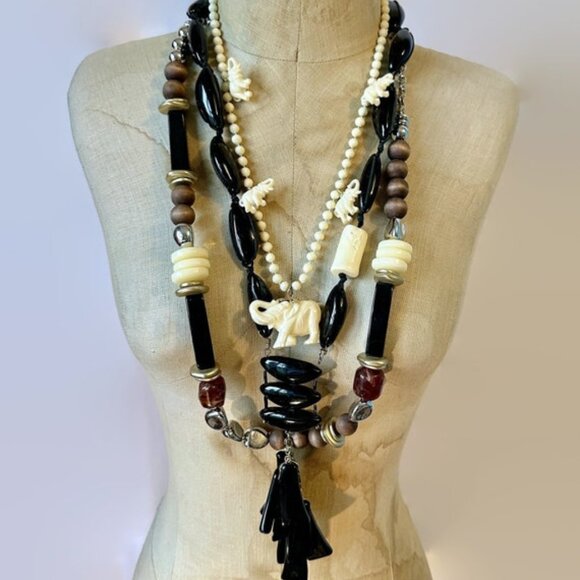 Boho Necklace Lot, Elephant, Black, Brown, Lucite, Chicos, Wood, Silver Metal - Picture 1 of 5